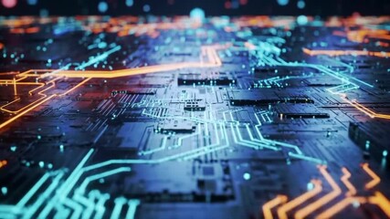 Poster - Detailed Motherboard Close Up Displaying Intricate Blue And Orange Circuits Against Dark Background