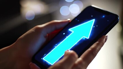 Poster - Female Hands Holding Smartphone Displaying Glowing Upward Arrow on Screen with Blurred Background and Bokeh Lights