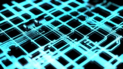 Poster - Futuristic Turquoise Circuit Board Pattern on Black Background Abstract Digital Network Connection Tech Design
