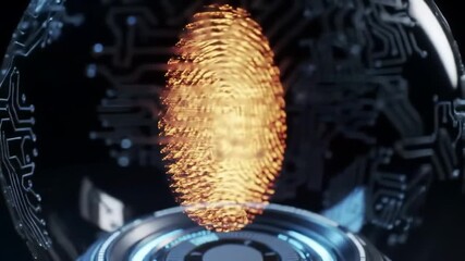 Poster - Glowing Orange Fingerprint Above Futuristic Platform with Circuit Board Patterns Security and Biometric Identification