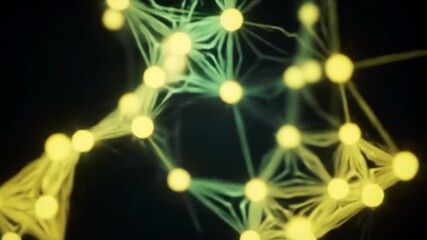 Poster - Glowing Spheres Connected by Lines in an Abstract Network with Yellow and Green Lights on a Dark Background