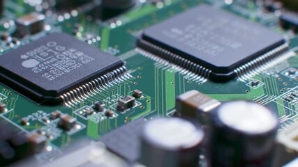 Poster - Green Circuit Board With Microchips and Electronic Components Macro Detailed Close Up View