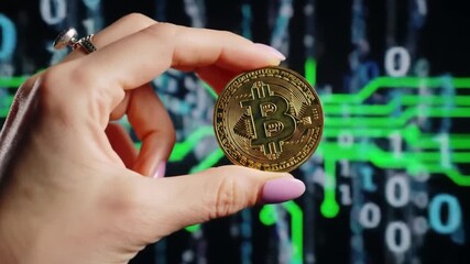 Poster - Hand Holding Golden Crypto Coin Against Green and Black Digital Code Background For Innovation Digital Money And Future