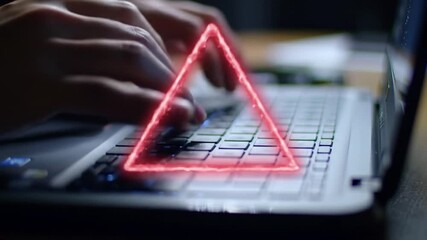 Poster - Hands Typing on Laptop Keyboard Under Red Triangle Warning Symbol in Dim Lighting