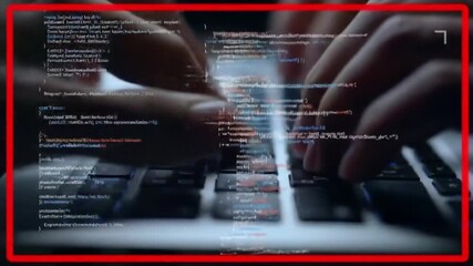 Poster - Hands Typing on Laptop Keyboard with Overlaid Digital Code Displaying Programming And Cybersecurity Concept