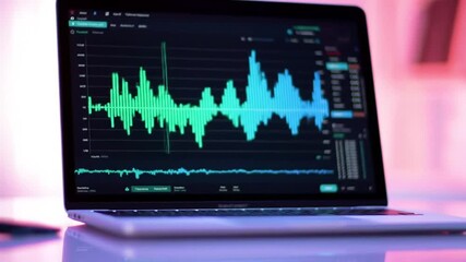 Poster - Laptop Displaying Green And Blue Financial Graph On Pink Background for Data Analysis and Market Trends In Modern