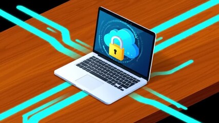 Poster - Laptop on Wooden Table Displays Cloud Icon with Padlock and Blue Lines in Isometric View for Digital Security