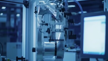 Poster - Silver Robot Arm in Blue Factory Automated Manufacturing Precision and Modern Industrial Equipment with Cutting Edge