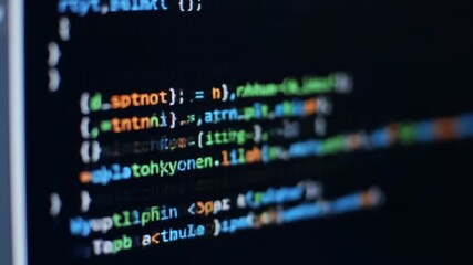 Poster - Source Code Displayed on a Dark Computer Screen with White and Orange Characters and Abstract Technical Background