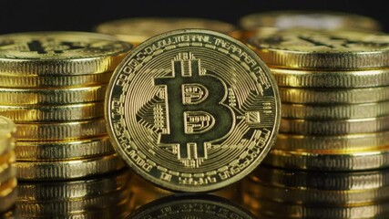Poster - Stack of Golden Coins on Dark Reflective Surface Financial Investment Wealth and Economic Concept High Gloss Metal