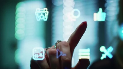 Poster - Woman Interacts With Floating Blue App Icons on Clear Digital Screen with Soft Green and Blue Background