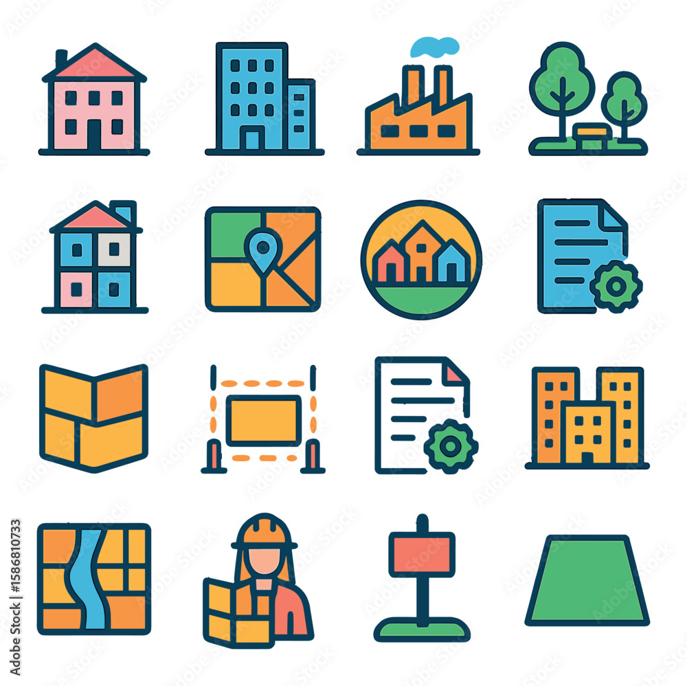 Zoning and land use icon collection. simple compose buildings, map ...