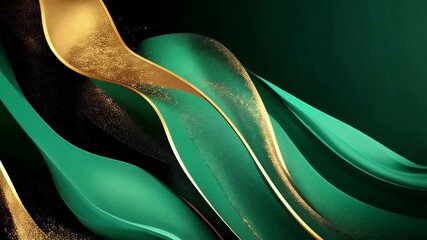 Poster - Elegant green and gold ribbon abstract background video with smooth flowing lines and glittering accents