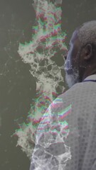 Poster - Animation of dna strand with connections over senior african american man in hospital