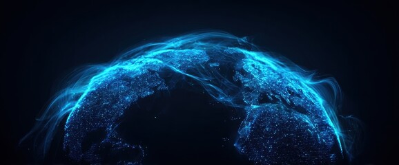 Poster - Abstract digital planet Earth with glowing blue lines on a dark background, a technology and global network concept, with wide banner space for text Generative AI
