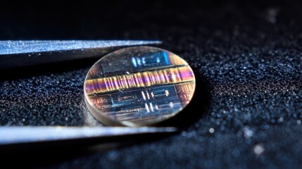 Poster - Precision nanoscale engineering revealing plasmonic barcodes on microchip surface, gripped by tweezers, displaying complex security features under microscopic magnification