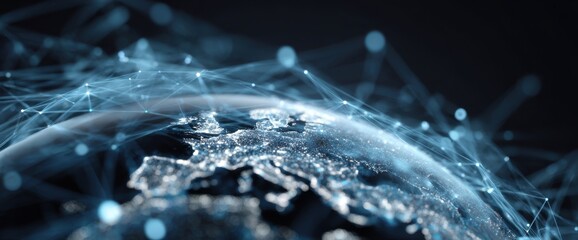 Poster - Abstract digital planet Earth with glowing blue light lines and network connections on a dark background, a concept of global connectivity, data transfer, or technology marketing banner Generative AI