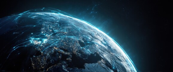 Poster - Abstract digital planet Earth with blue glowing lines on a dark background, a global network and connectivity concept, a futuristic technology wallpaper banner design Generative AI