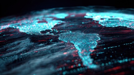Poster - Intricate holograms of global maps and scrolling binary code interact in a hightech environment symbolizing the convergence of data science and world connectivity in a visually striking