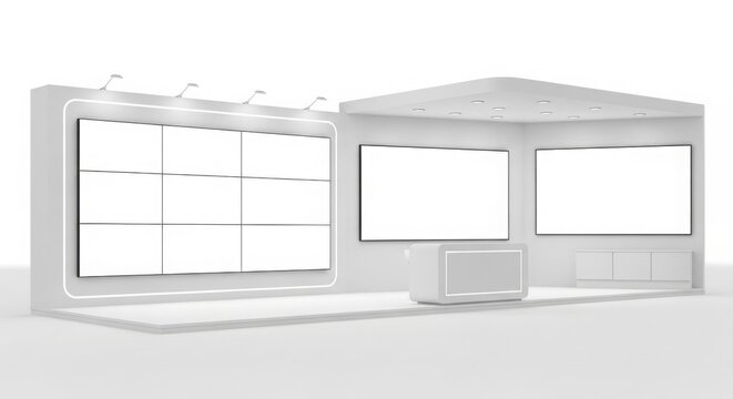 Modern, minimalist exhibition stand design with multiple display screens.