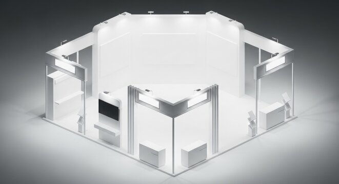 Modern, clean, hexagonal exhibition booth design, ideal for trade shows or conferences.