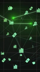Poster - Network of financial icons and data processing animation over dark grid background