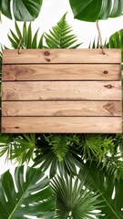 Poster - Hanging wooden plank sign amidst vibrant tropical foliage, lush green leaves and ferns create a natural frame against a bright white backdrop