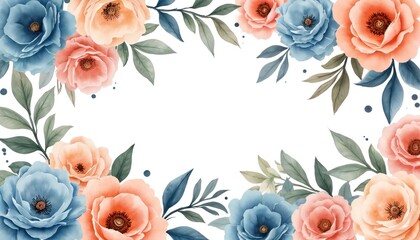 Poster - Watercolor floral pattern featuring peach, blue blossoms with green leaves. Delicate, romantic design with vintage, retro style ideal for textiles, wallpapers, backgrounds. Soft pastel colors evoke