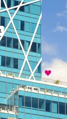 Poster - Social media engagement animation over modern glass building with location and like icons