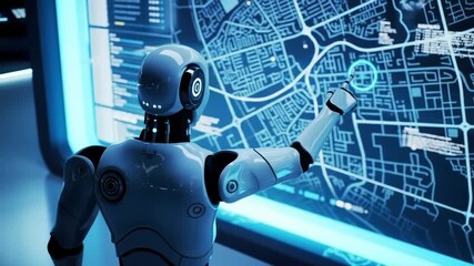 Poster - Robot points to city map displayed on a large screen with a blue futuristic interface design element