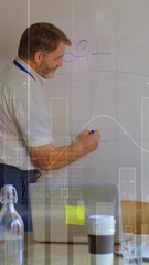 Poster - Explaining graph on whiteboard, businessman presenting financial data in meeting room over animation