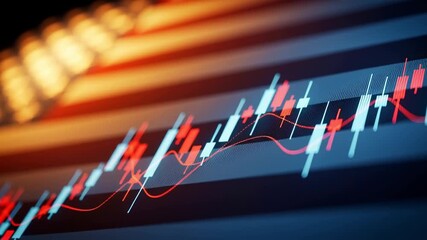 Poster - Financial stock market chart with increasing trend line over blurry United States flag showing economic growth footage.