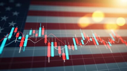 Poster - Stock market candlesticks graph over USA flag. Economic forecast and financial analysis for investment trade footage.
