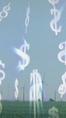 Poster - Dollar signs animation over wind turbines in green field