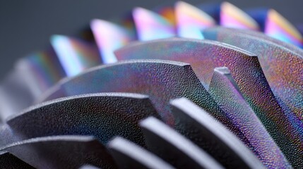 Poster - Shimmering cermet nanopebbles coat turbine blades, their textured surface and intricate design highlighted by colorful reflections in a technological showcase
