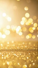 Poster - Abstract gold glitter sparkles and bokeh lights background for elegant festive or party design concepts, vertical orientation