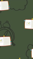 Poster - Animation of repeated open notebooks moving on green background with black clocks and speech bubbles