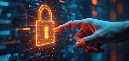 Poster - Digital padlock cybersecurity, data privacy, secure network access. Finger interacts with glowing interface, representing identity verification, encryption. Advanced tech secures business information