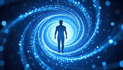 Poster - Silhouette Figure In Blue Glowing Spiral Pathway
