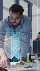 Poster - Analyzing financial graphs, business professionals working in modern office animation