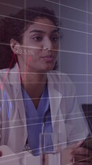 Poster - In hospital, healthcare professional discussing animation of financial data graphs