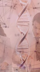 Poster - Animation of DNA strands with diverse professionals in office, networking and working