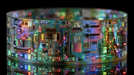 Aufkleber - Complex circuitry and bonding mechanisms of a flexible microled display roll are highlighted, showcasing its bendability and potential for integration into contact lenses