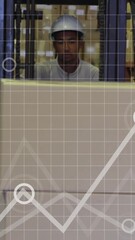 Poster - In warehouse, forklift operator moving boxes with data analytics animation overlay