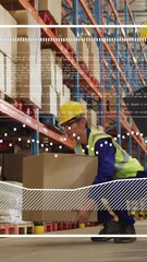 Poster - Handling boxes in warehouse, workers with data processing animation overlay