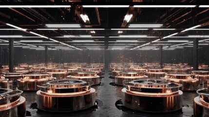 Poster - Gleaming copper particles caught by energy efficient cyclonic components, creating sharp geometric contrasts under harsh industrial lighting within manufacturing environment