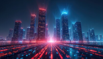 Poster - Futuristic cityscape with towering skyscrapers illuminated by neon blue, red lights. Abstract digital patterns of flowing data lines create dynamic, high-speed network effect. Represents artificial