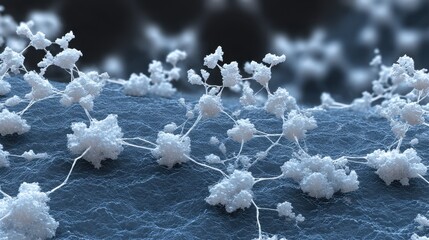 Poster - Microscopic view shows delicate ice crystals growing and spreading across the surface of a graphene filter, revealing the interaction between the two materials