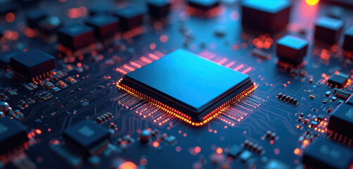 Poster - Close-up of advanced computer motherboard featuring central blue processor chip. Electronic board displays intricate circuitry with glowing orange lights, representing data flow. Microchips,