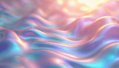 Poster - Holographic iridescent background features vibrant pastel colors with fluid glossy texture. It offers a dreamy, futuristic aesthetic with dynamic, soft, aglow light.